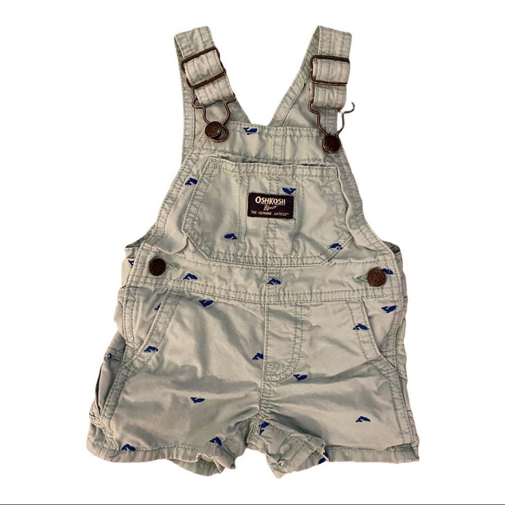 OSHKOSH Light Blue OVERALL Shorts 6 Months Embroidered WHALES